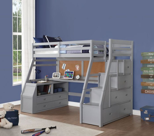 Twin Loft Bed With Storage Steps and Workstation in Gray 