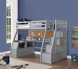 Twin Loft Bed With Storage Steps and Workstation in Gray 