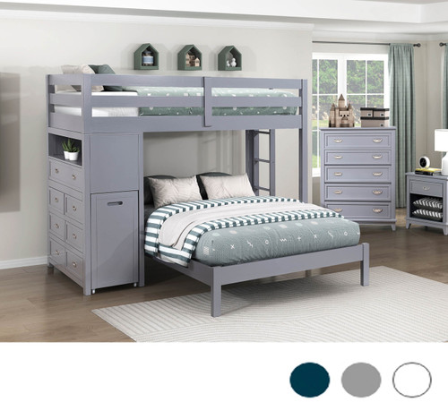 Twin Full Loft Bunk Bed w/ Chest and Hidden Desk in Gray