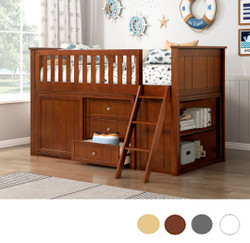 Low Twin Loft Bunk with Bookcase and Dresser in Dark Cherry