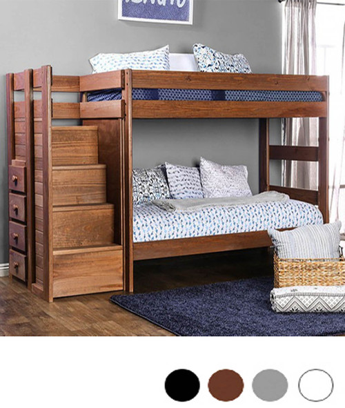 Twin Bunk Bed with Steps in Rustic Brown Mahogany