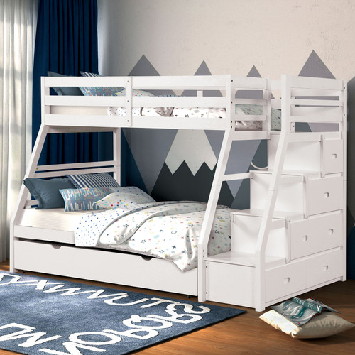 Twin over Full Bunk Bed with Staircase in White