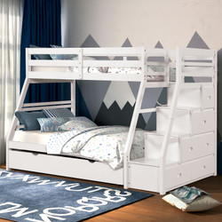 Twin over Full Bunk Bed with Staircase in White