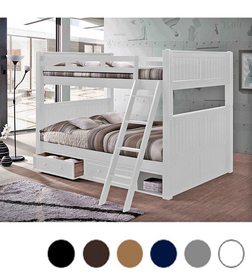 Queen over Queen Bunk Bed with Under Bed Drawers In White